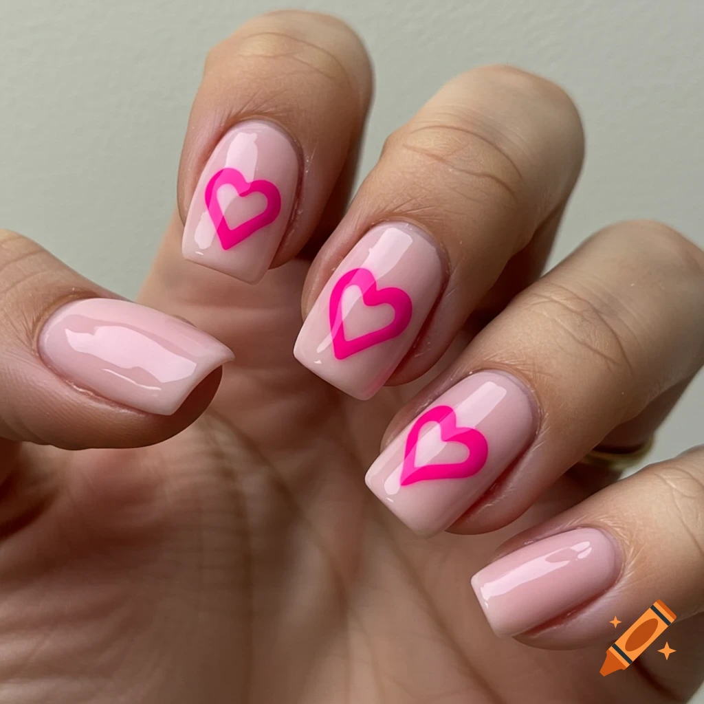 Close-up of light pink nails with hot pink heart outlines.