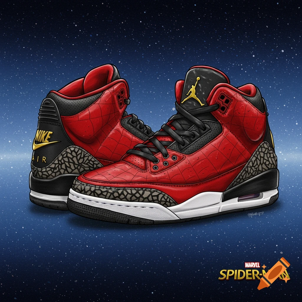 Custom red and black Spider-Man themed Jordan 3 sneakers.
