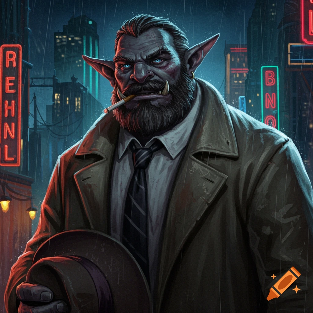 A troll detective smoking a cigarette on a rainy city street, film noir style.