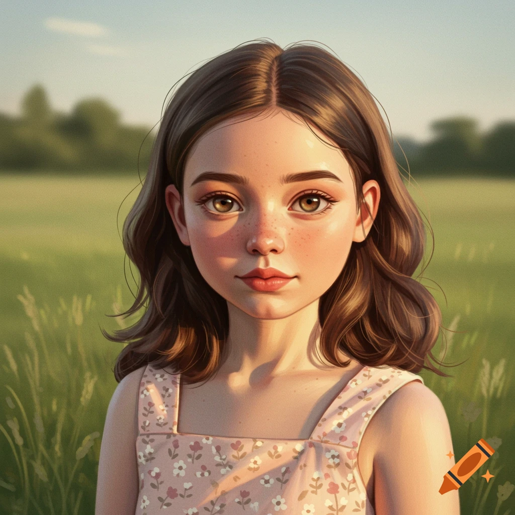 Portrait of a young girl with freckles wearing a floral dress in a field.