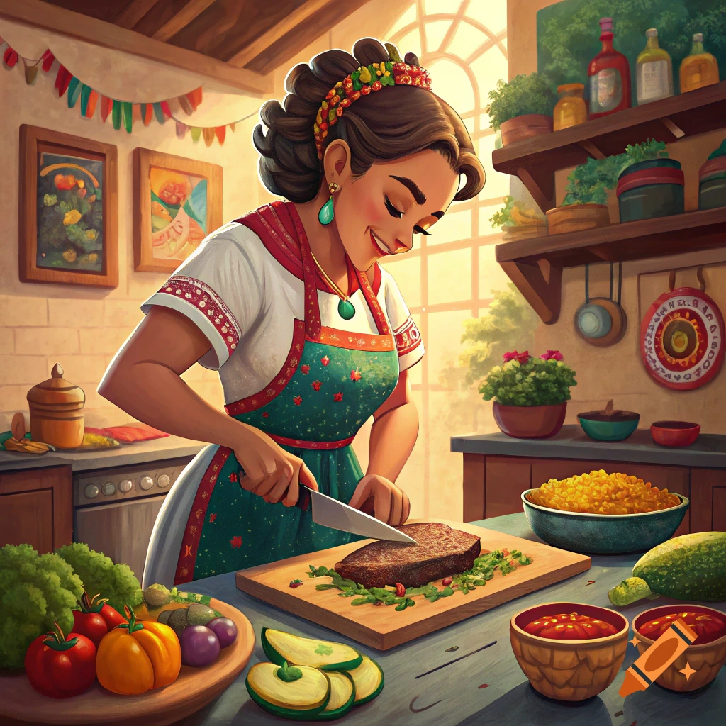 Illustration of a smiling woman in an apron slicing meat in a kitchen.