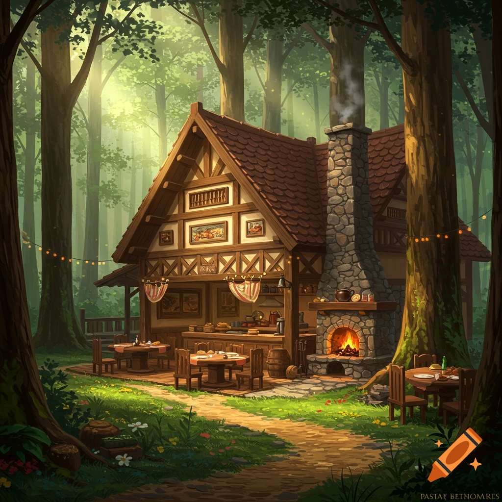 A cozy fantasy restaurant with outdoor seating in a lush forest.