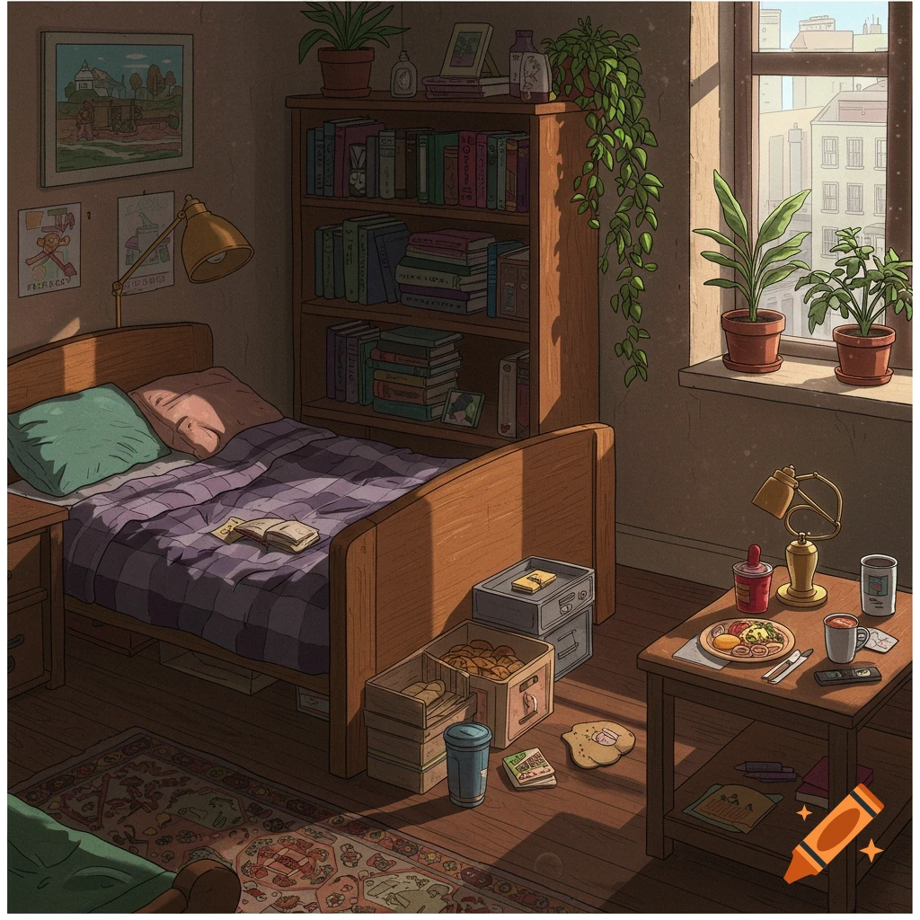A cozy bedroom with a bed, bookshelf, plants, window, and a table with breakfast.