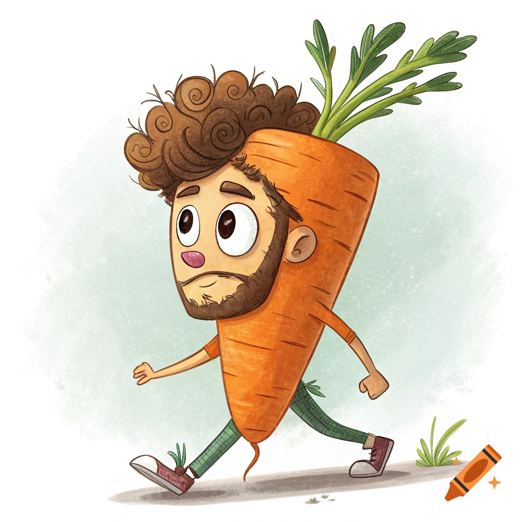 Illustration of a cartoon character with a human head and carrot body walking.