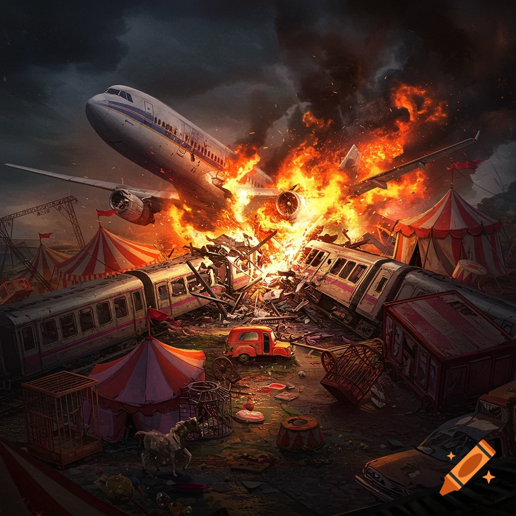 A fiery plane crash into a train wreck at a circus.