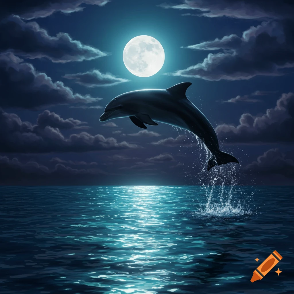 A dolphin jumps out of moonlit ocean water under a cloudy night sky.