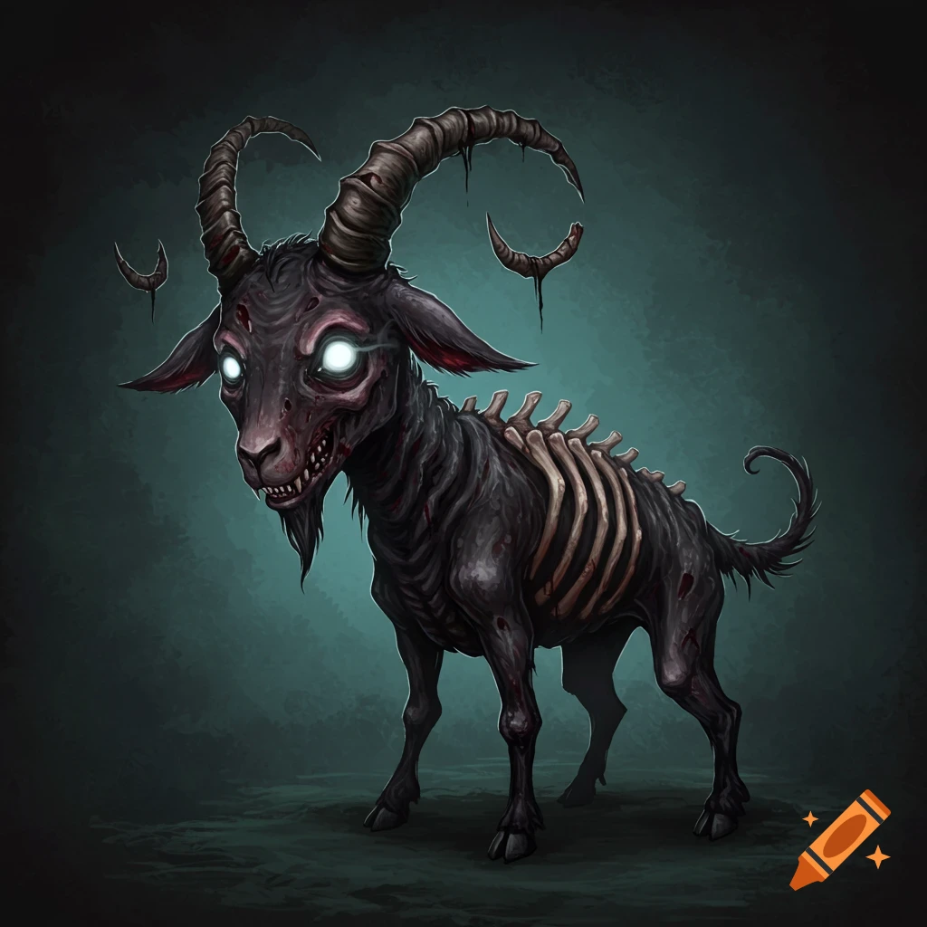 A stylized image of a zombie goat with glowing eyes and exposed ribs.