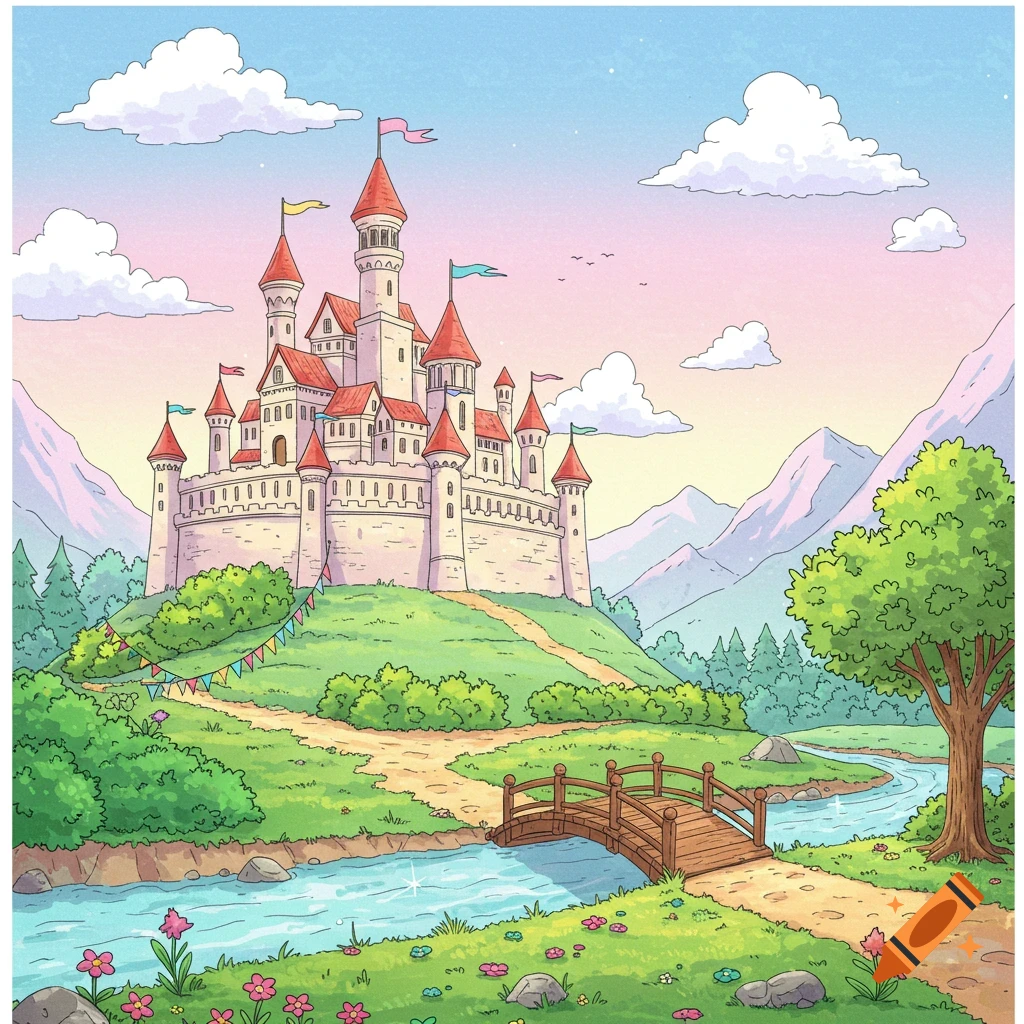 Stylized illustration of a fantasy castle on a hill with a river and bridge.