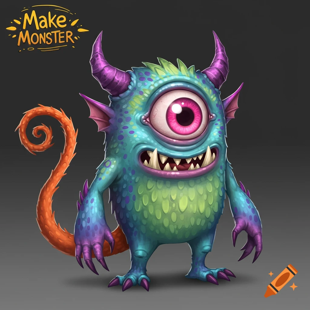 A colorful cartoon monster with one large pink eye, blue and green skin, purple horns, sharp teeth, and a curly orange tail.