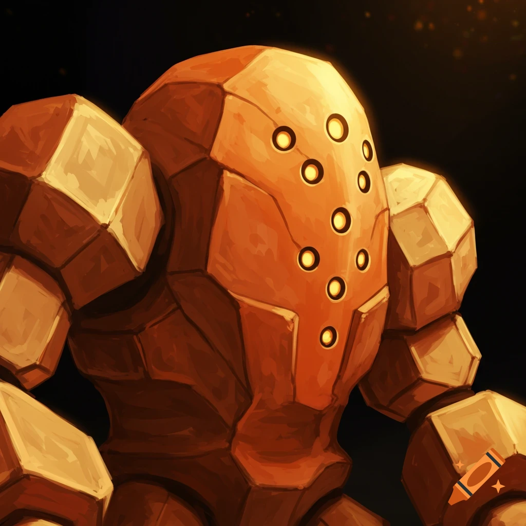An orange rock golem, the Pok
manytimesn Regirock, on a dark background.