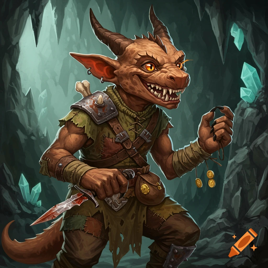 A small, reptilian creature with scales and a tail stands in a cave. It holds a dagger in one hand and a handful of coins in the other.