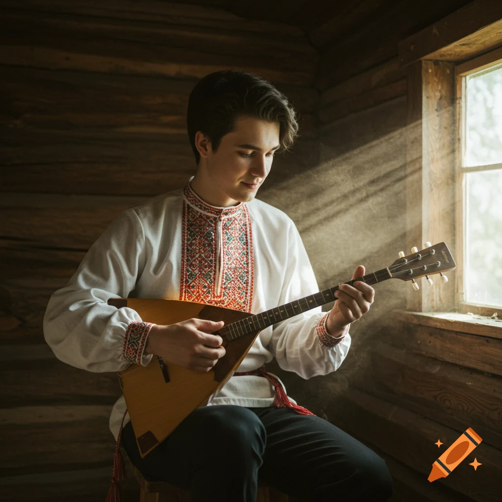 Young man in traditional shirt playing a balalaika in a rustic room with sunlight streaming through a window, photorealistic style.