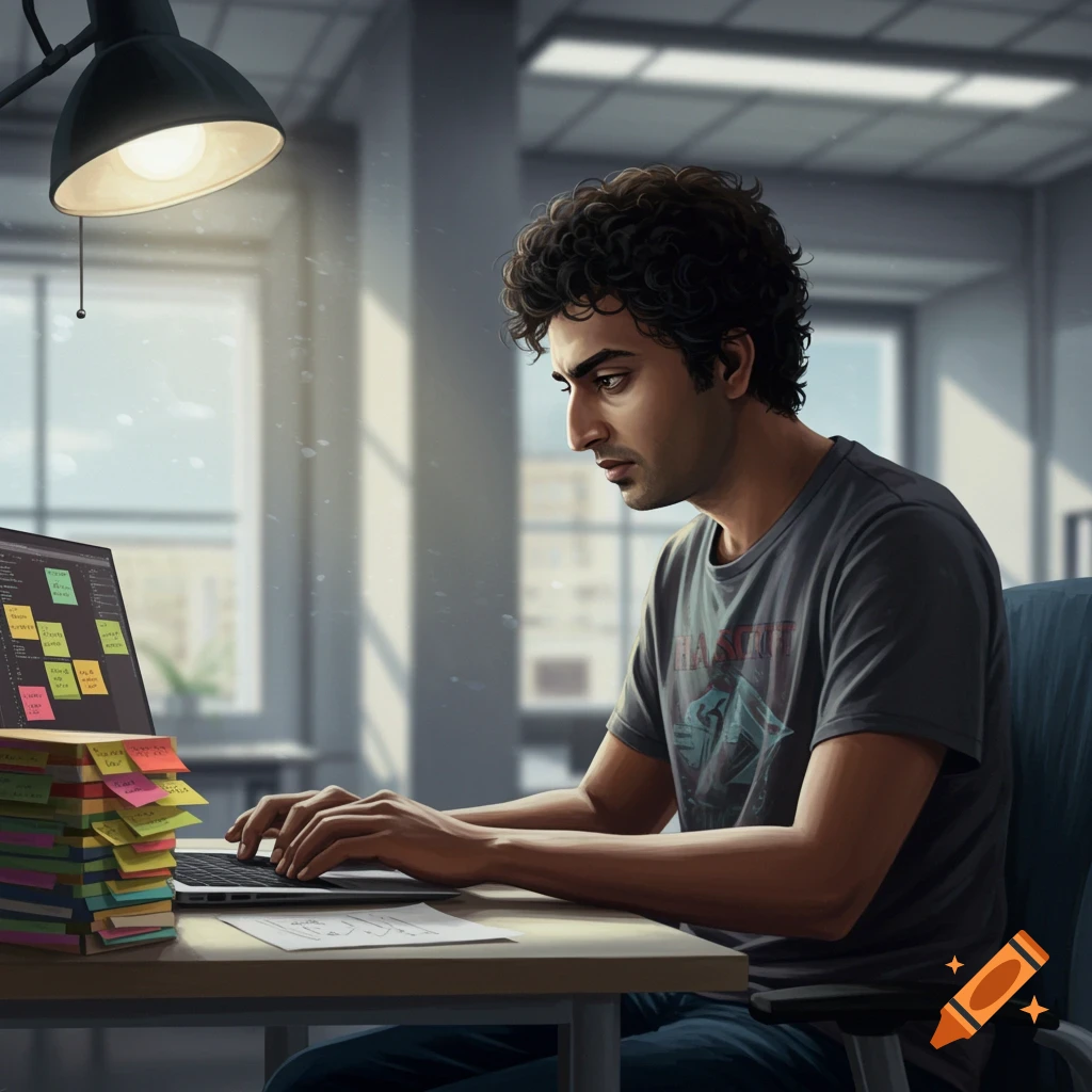 A man works on a laptop in an office with a stack of sticky notes.