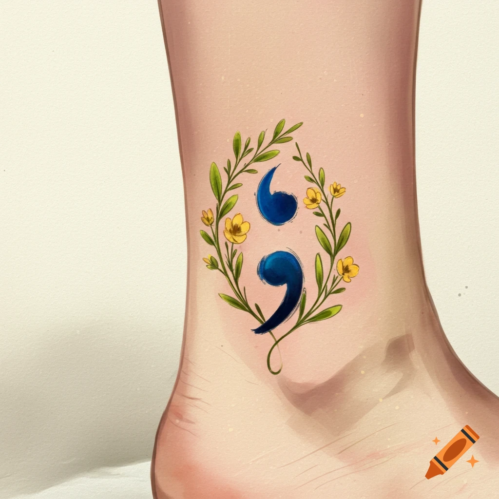 A blue semicolon tattoo surrounded by leaves and yellow flowers on an ankle.
