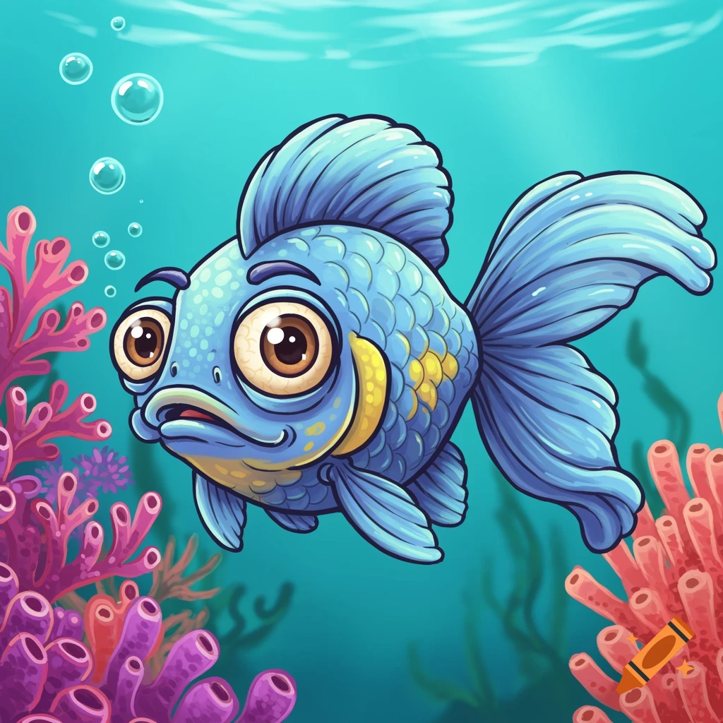 A cartoon blue fish with large eyes swims among colorful coral underwater.