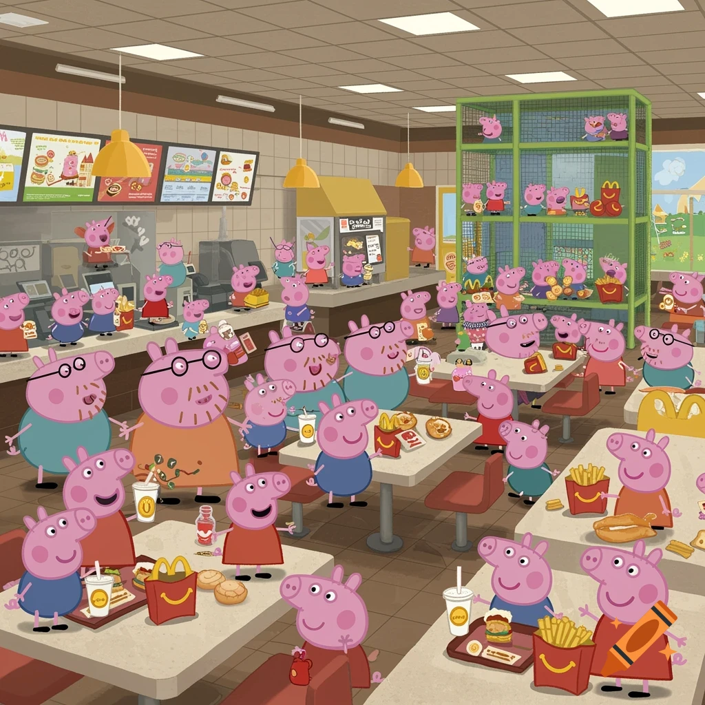 Many Peppa Pigs in a cartoon McDonald's restaurant, eating, playing, and waiting.