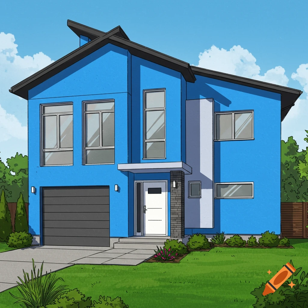A blue modern two-story house with landscaping under a blue sky.