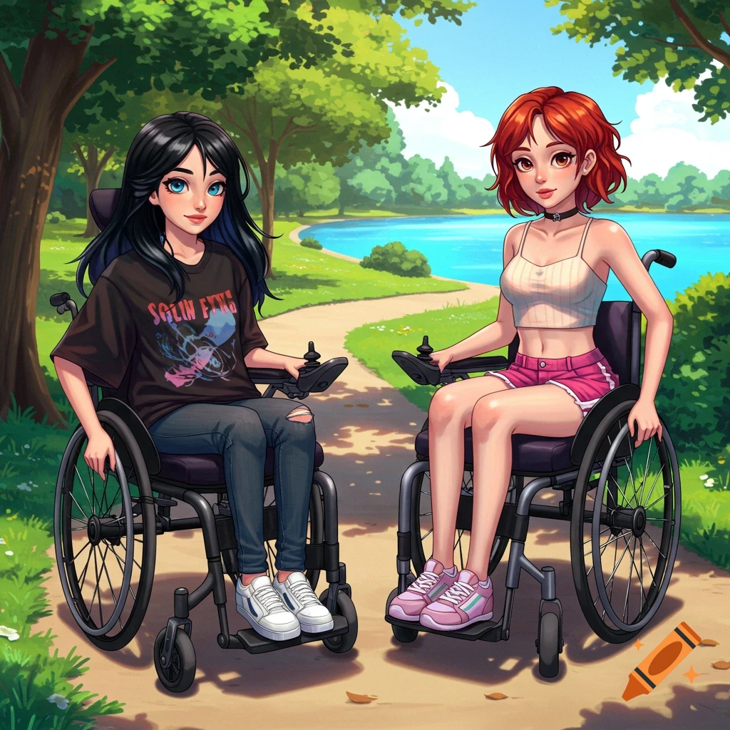 Two young women in wheelchairs in a park by a lake, in anime style.