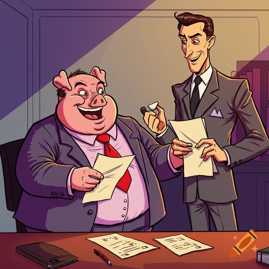 A man with a pig head and a man in suits are holding papers in an office in a cartoon style.