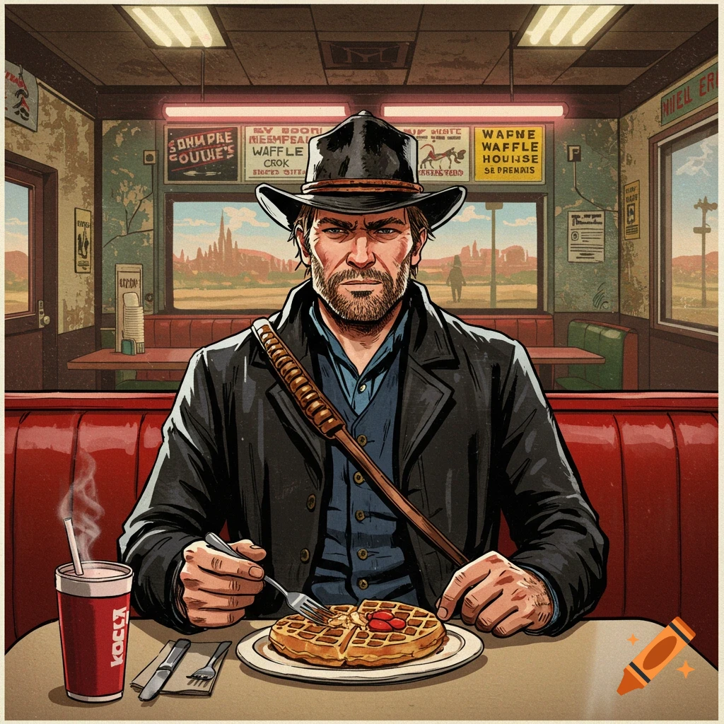 Arthur Morgan eating waffles in a diner.