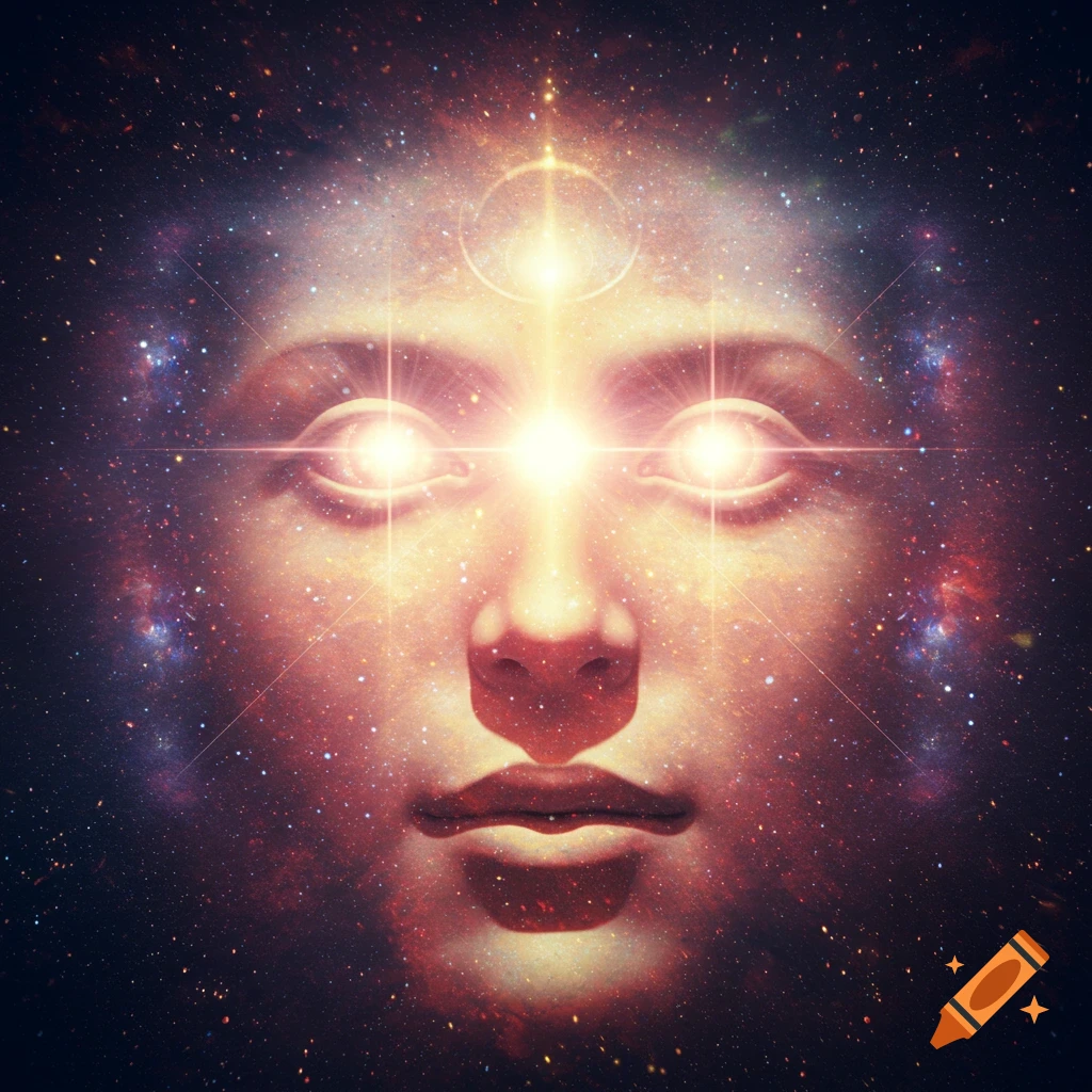 A spiritual face radiating light in space.