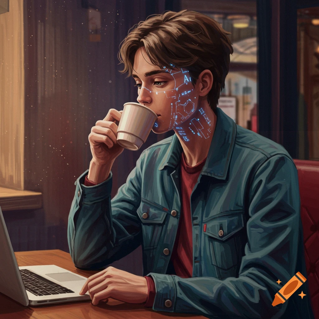 A person with digital overlays on their face is drinking coffee and using a laptop.