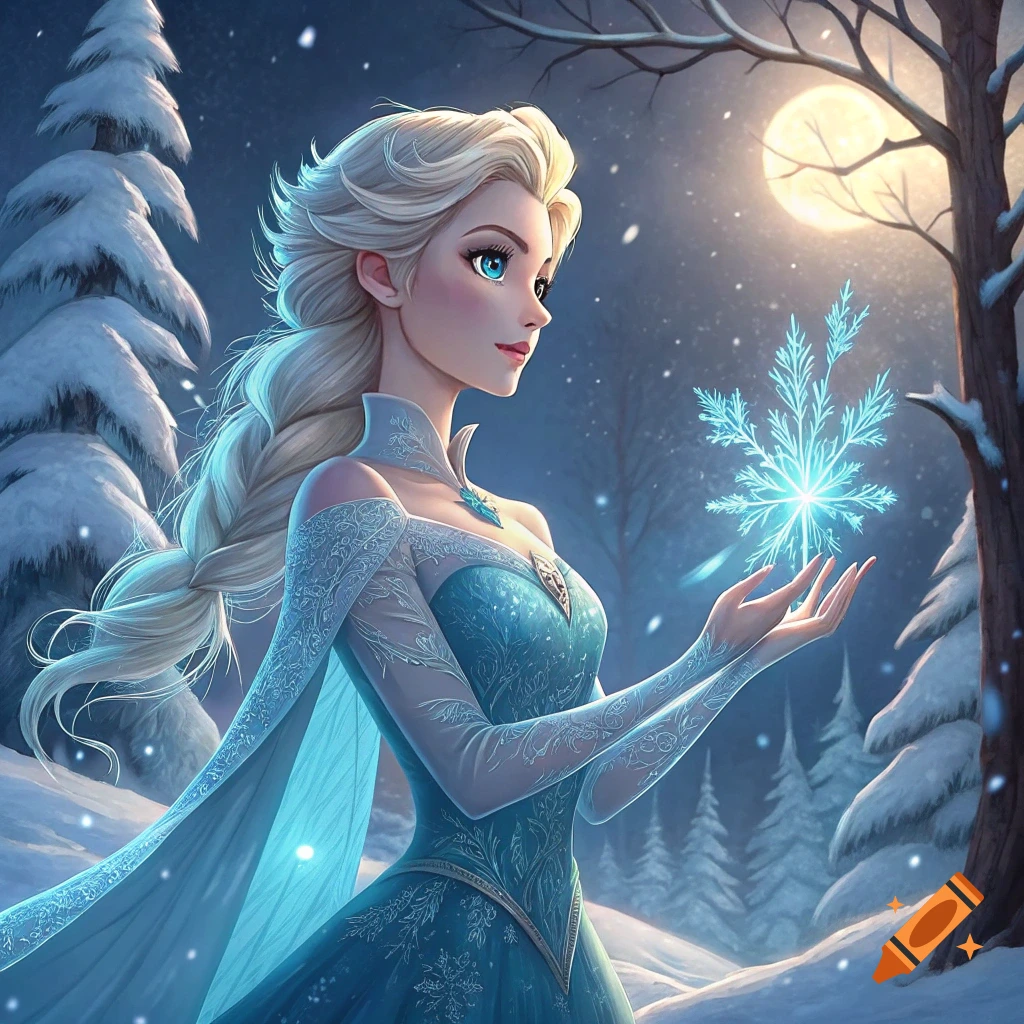 A blonde woman resembling Elsa in a blue dress holds a glowing snowflake in a snowy forest under a full moon.