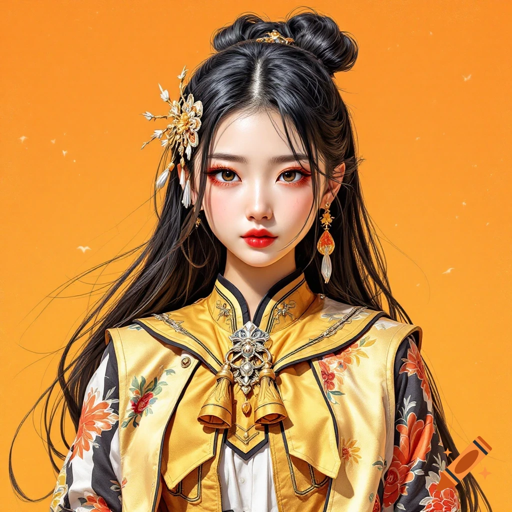 A portrait of a young woman in golden and black traditional East Asian clothing with floral patterns against an orange background.