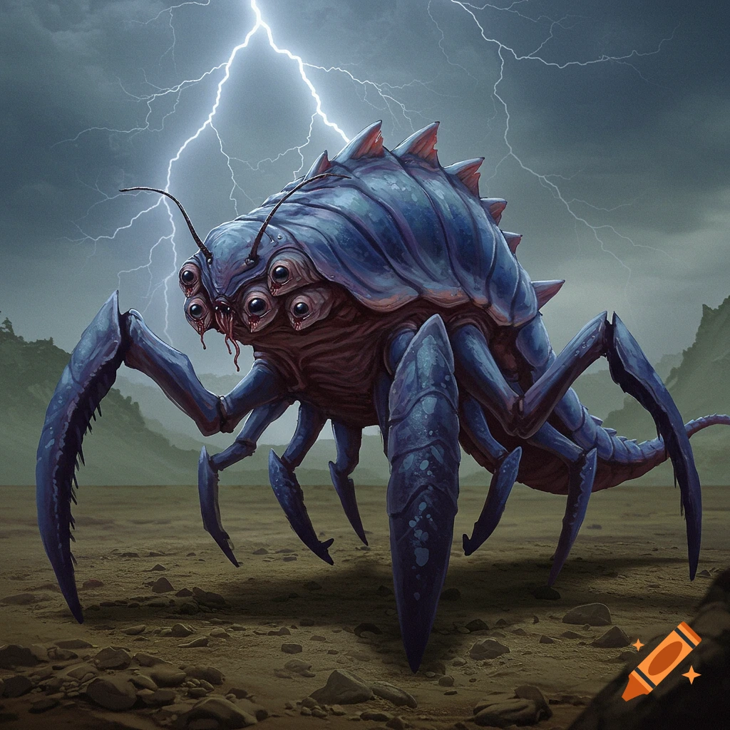 A large blue multi-legged, multi-eyed monster in a stormy landscape with lightning.