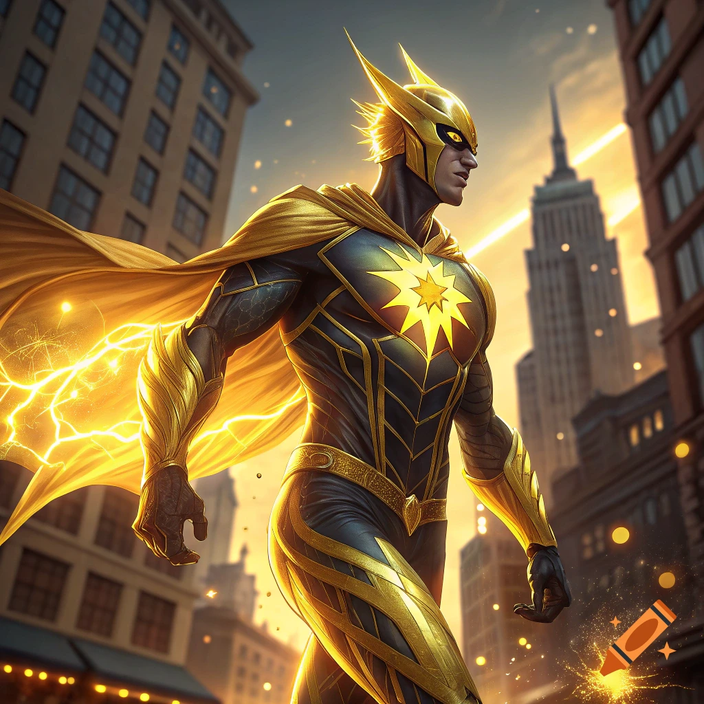 Superhero in a golden and black suit with a cape and glowing solar energy in a city at sunset.