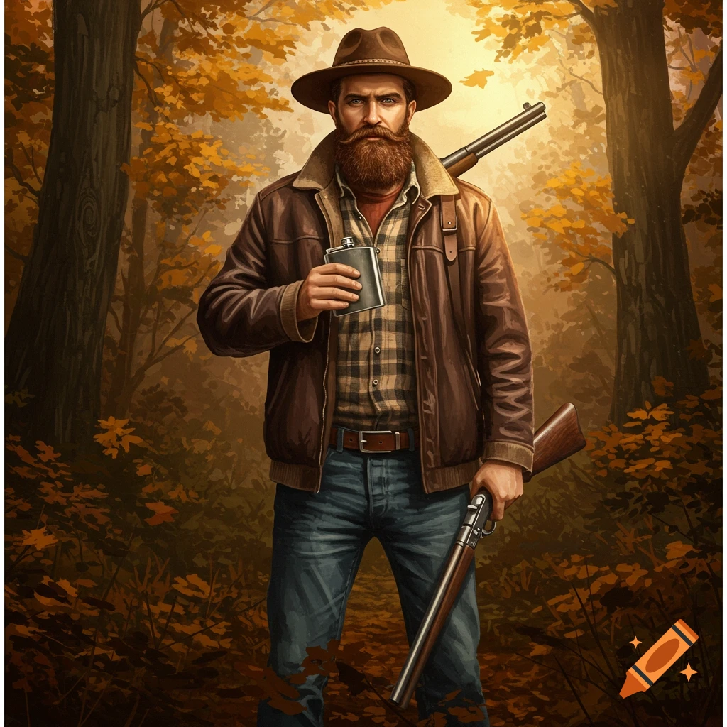 Man holding a flask and rifle in an autumn forest.