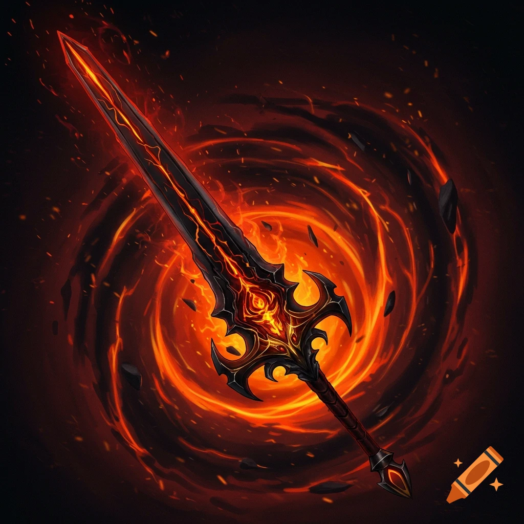 A dark fantasy sword wreathed in swirling fire and energy.