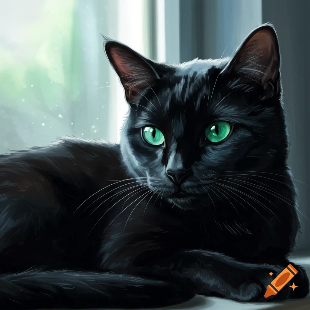 A black cat with green eyes.
