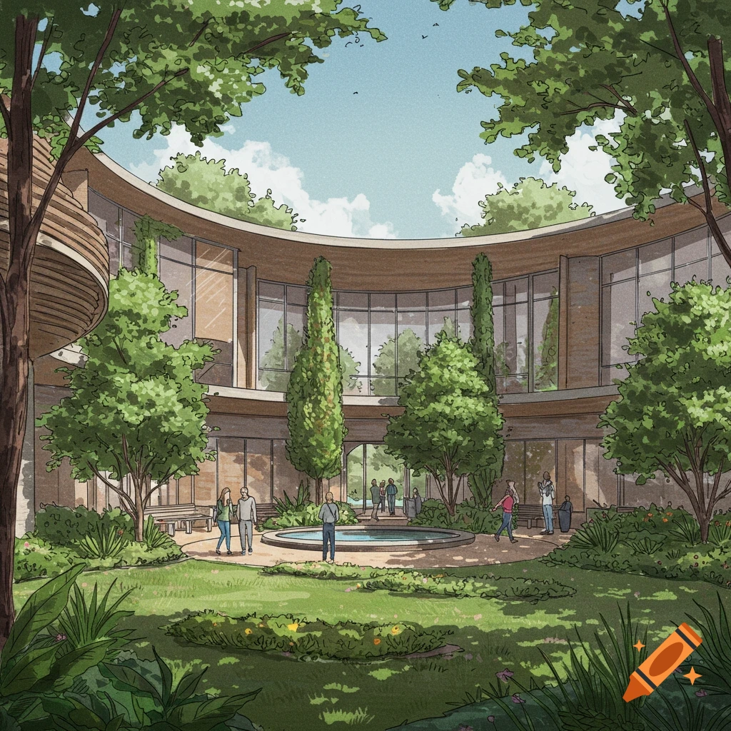 Illustration of a modern building courtyard with trees, a fountain, garden, and people