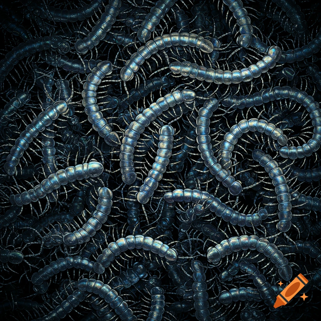 A full background of shiny blue and silver centipedes on dark textures.
