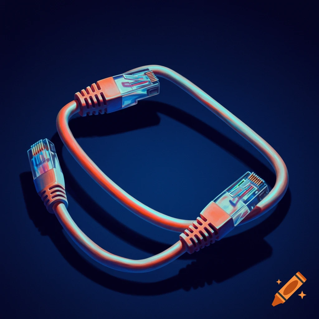 An orange ethernet cable in a square loop on a dark background.