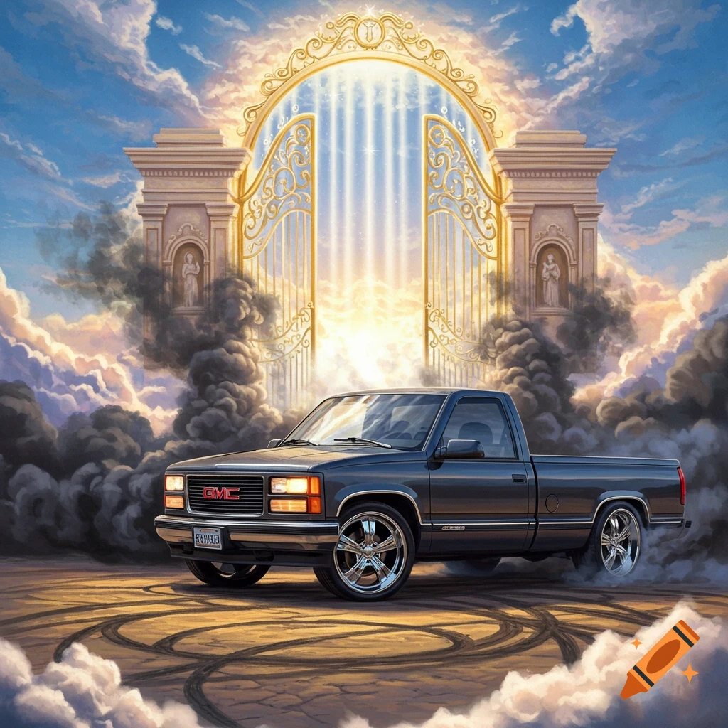 A grey GMC pickup truck doing a burnout towards golden heaven gates in the sky.