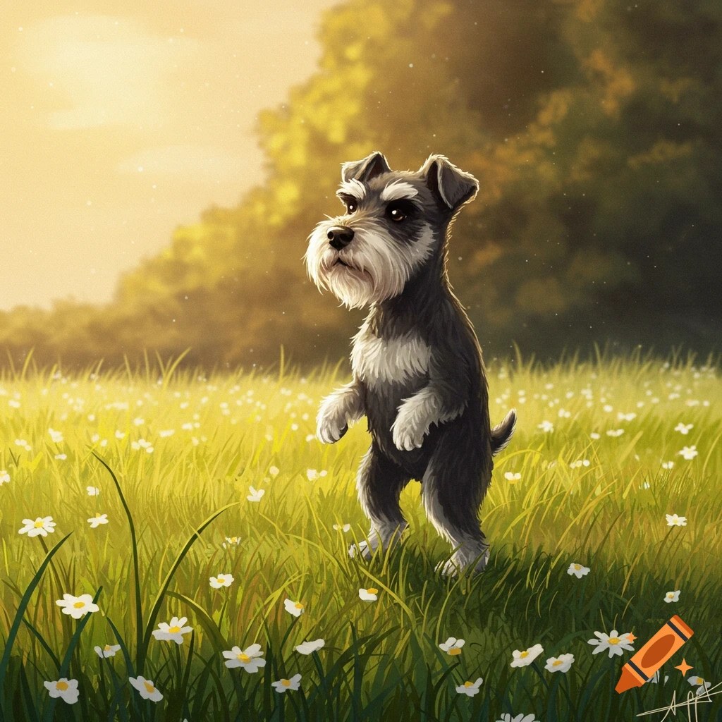 A Schnauzer dog standing in a sunny meadow.