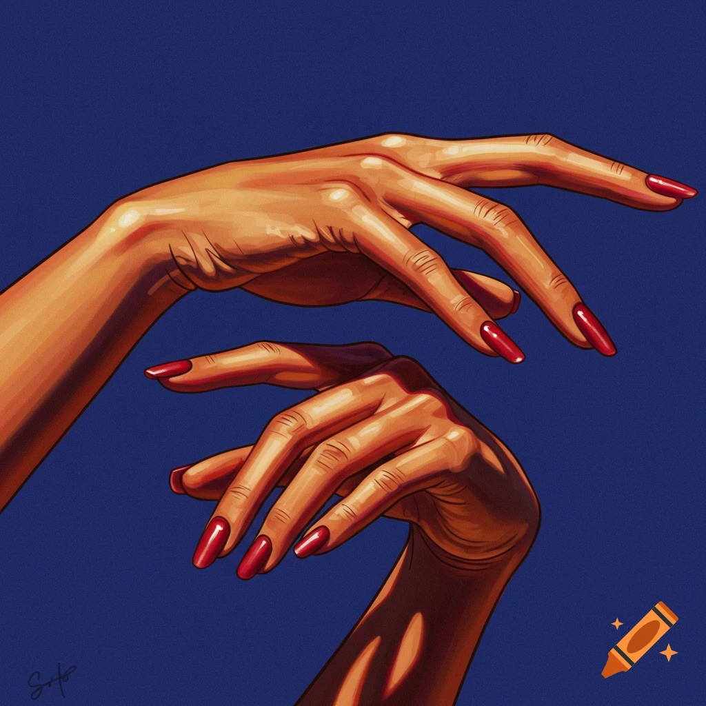 Two stylized hands with red nails against a dark blue background, rendered with strong lighting.