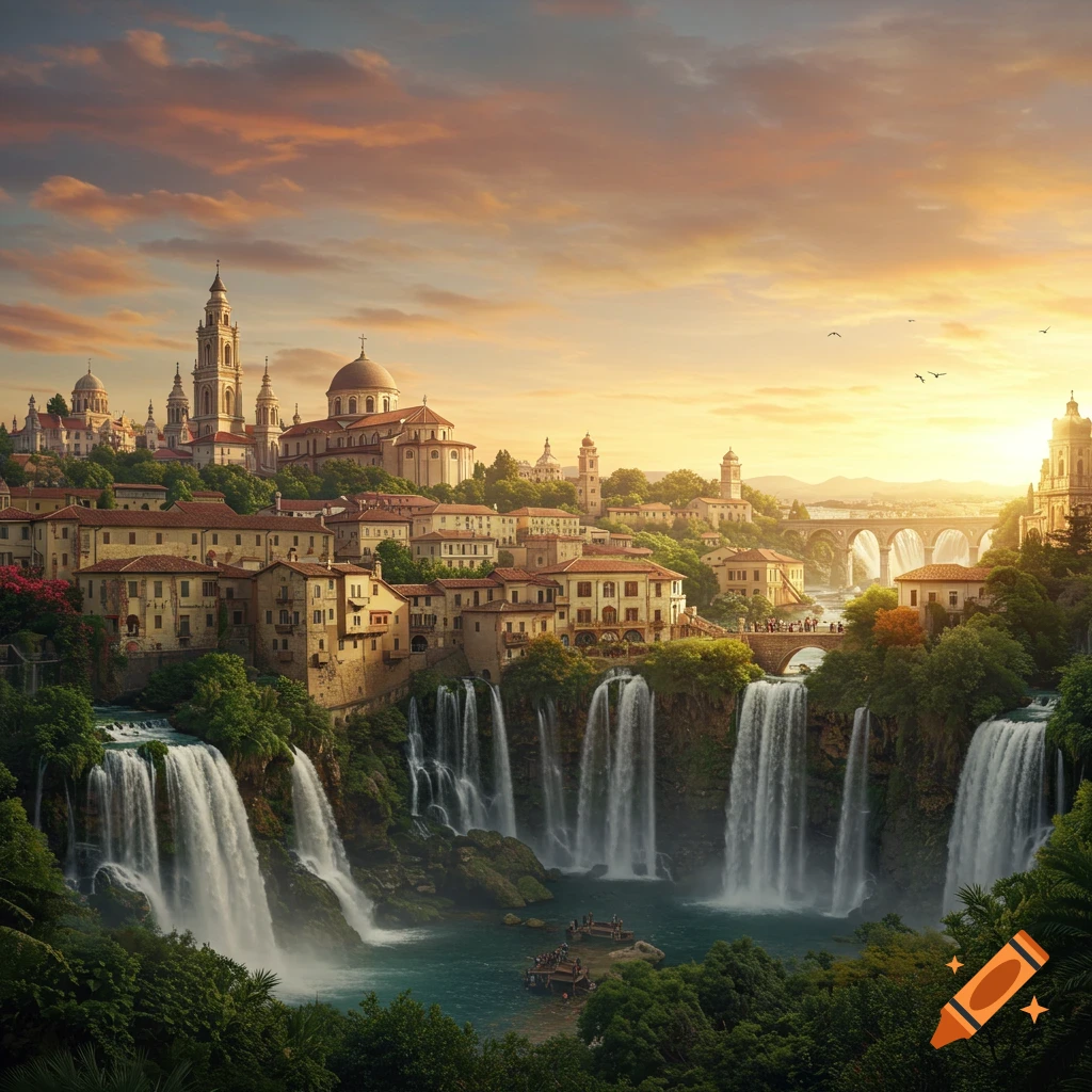 A panoramic view of a fantasy city built on cliffs with large waterfalls cascading into a pool at sunset.
