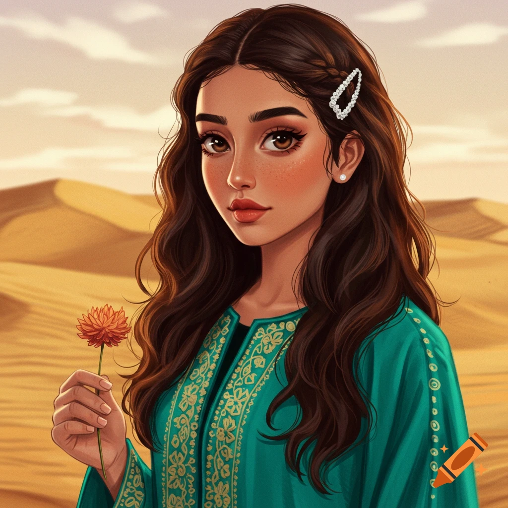 A young woman in a teal dress holds a flower in a desert.