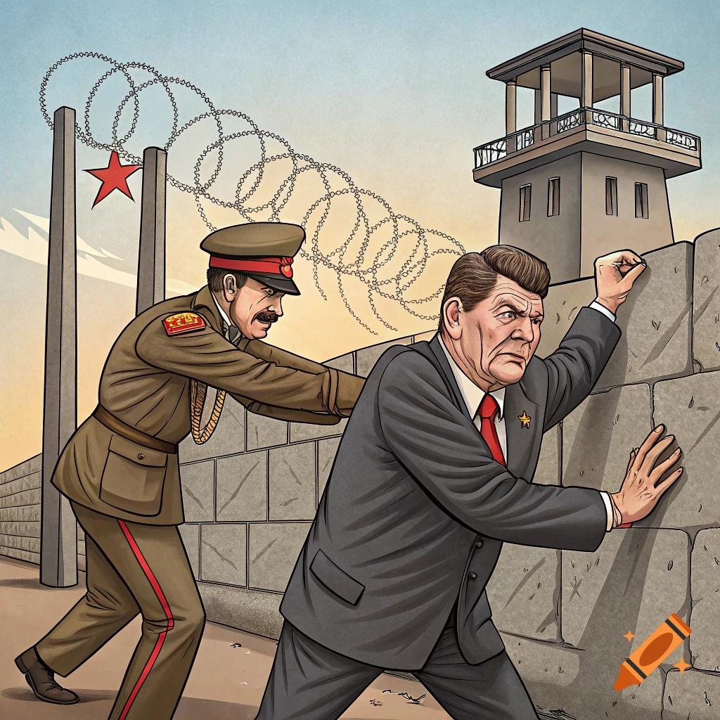 Political cartoon showing Ronald Reagan pushing against the Berlin Wall, opposite a Soviet leader.