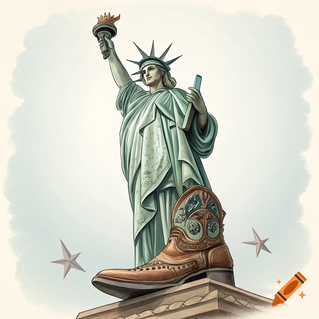 Statue of Liberty standing next to a giant cowboy boot in a stylized illustration.