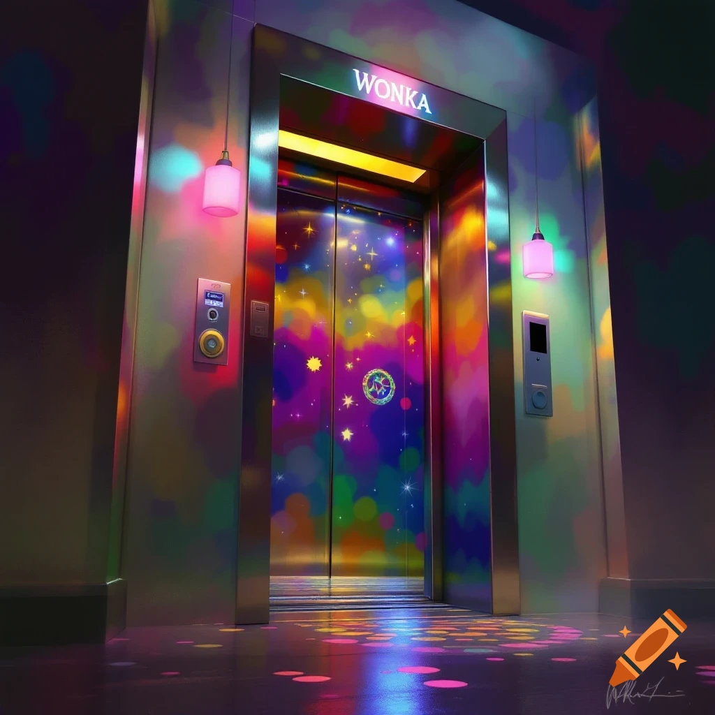 Colorful image of a Willy Wonka-style elevator with stars and abstract shapes.