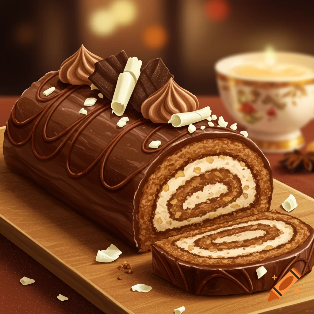 A sliced chocolate log cake on a wooden board with a cup in the background.
