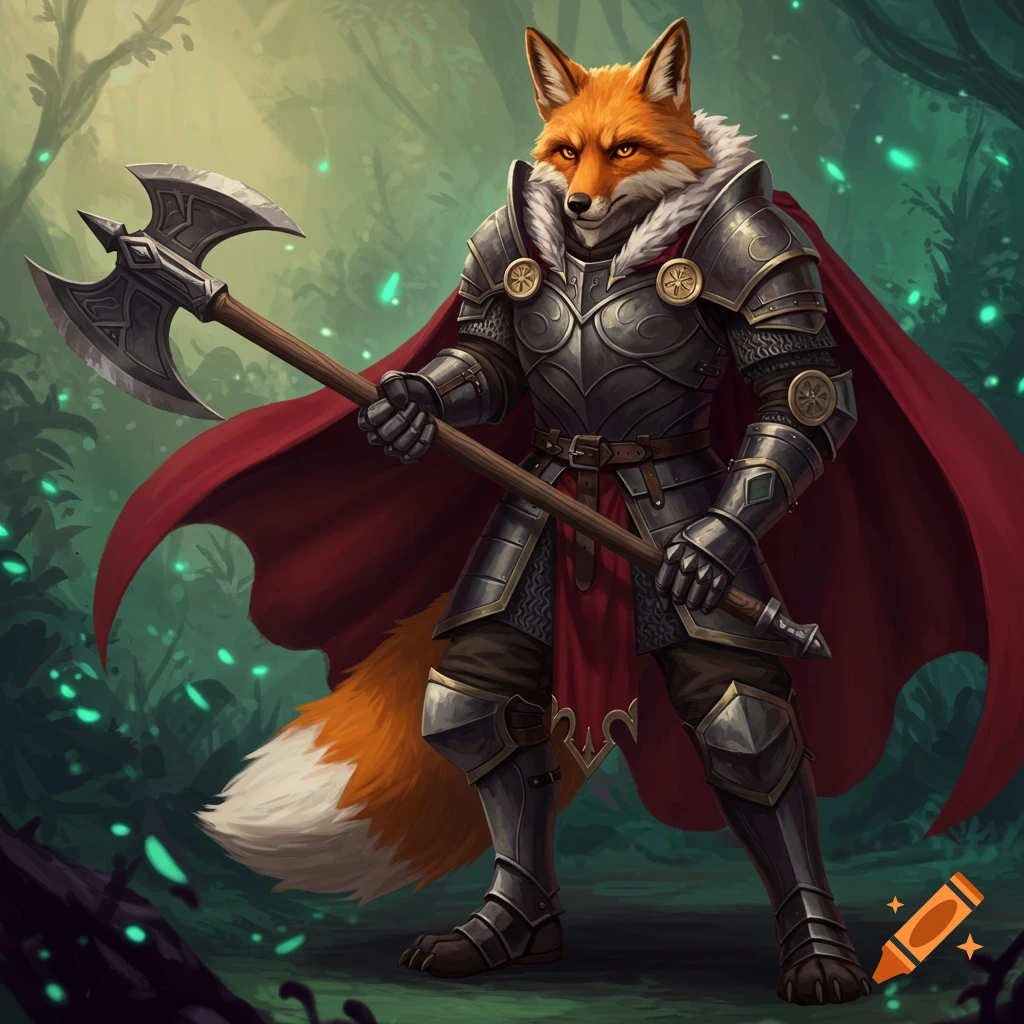 An anthropomorphic fox warrior in armor with an axe in a forest