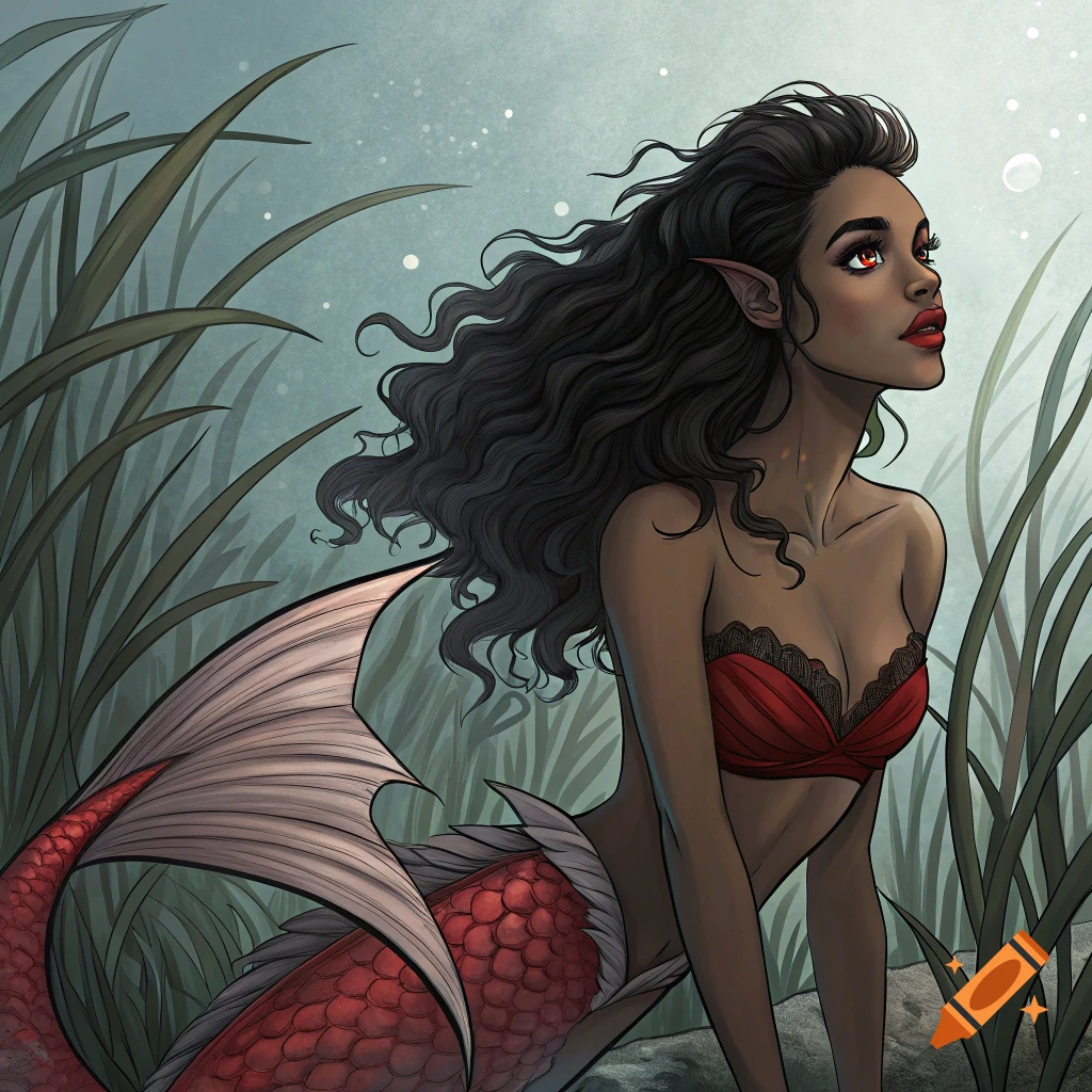Fantasy illustration of a mermaid with brown skin, wavy black hair, red tail, and red top, looking up amidst tall grass.