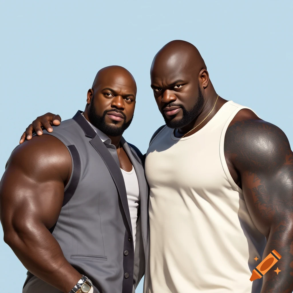Two muscular men stand together.