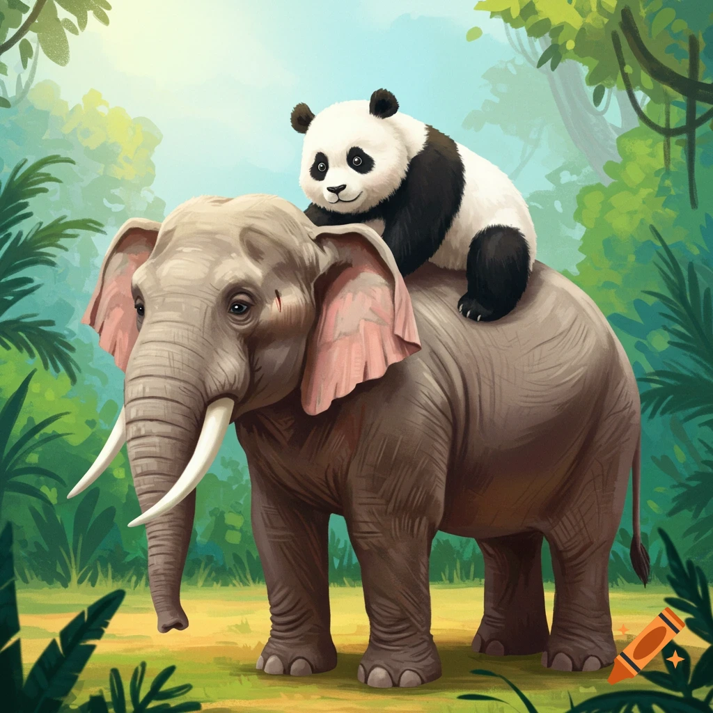A cute panda riding on an elephant's back in a lush jungle.