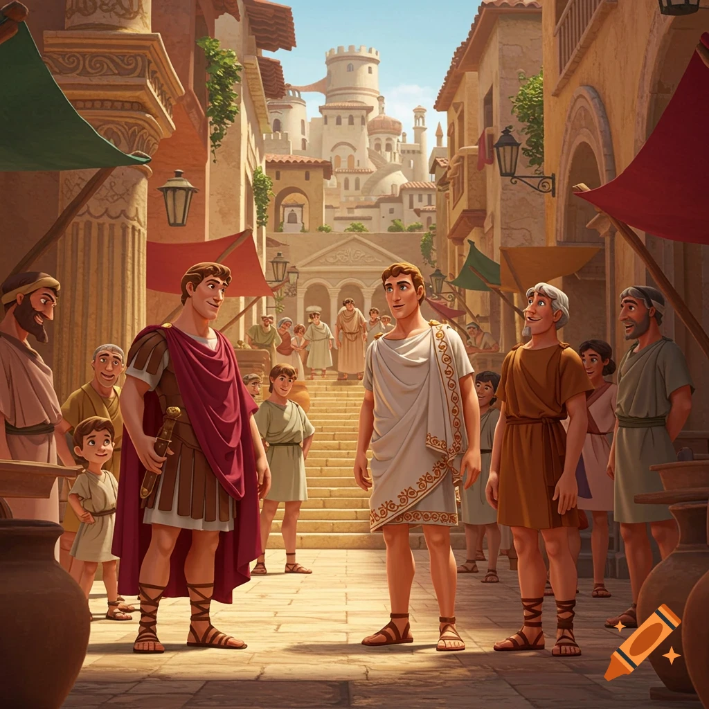 Animated scene of people in ancient clothing in a Roman-style city square